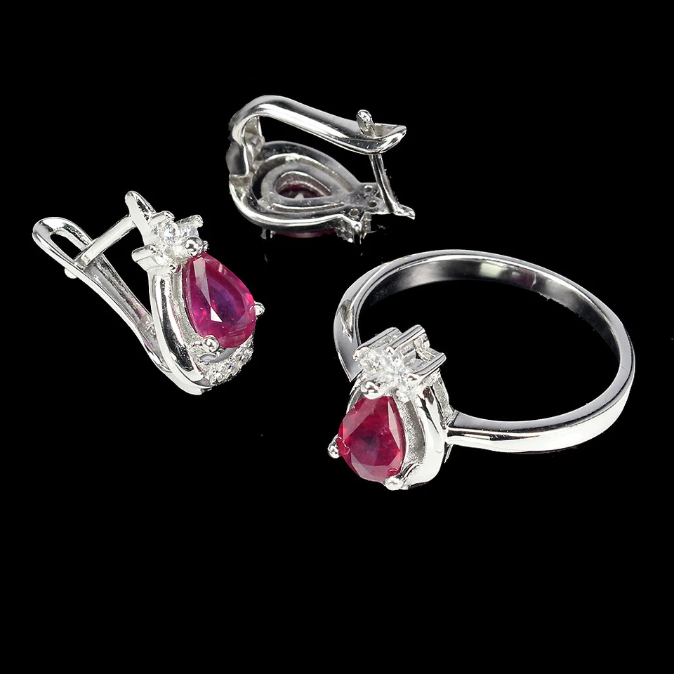 925 Argento Sterling Gioielli Set Pera Rubino 6x4mm Gemma Pietra Naturale - Immagine 3 di 4