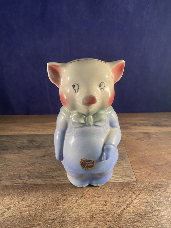 Royal Copley Pottery Standing Girl Pig Bank Blue Dress 3.5"L x 3.5"W x 6"H