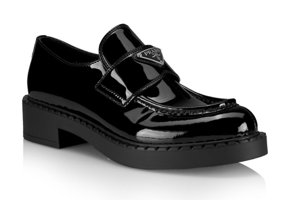 Prada Black Patent Leather Silver Logo Platform Loafer Creeper