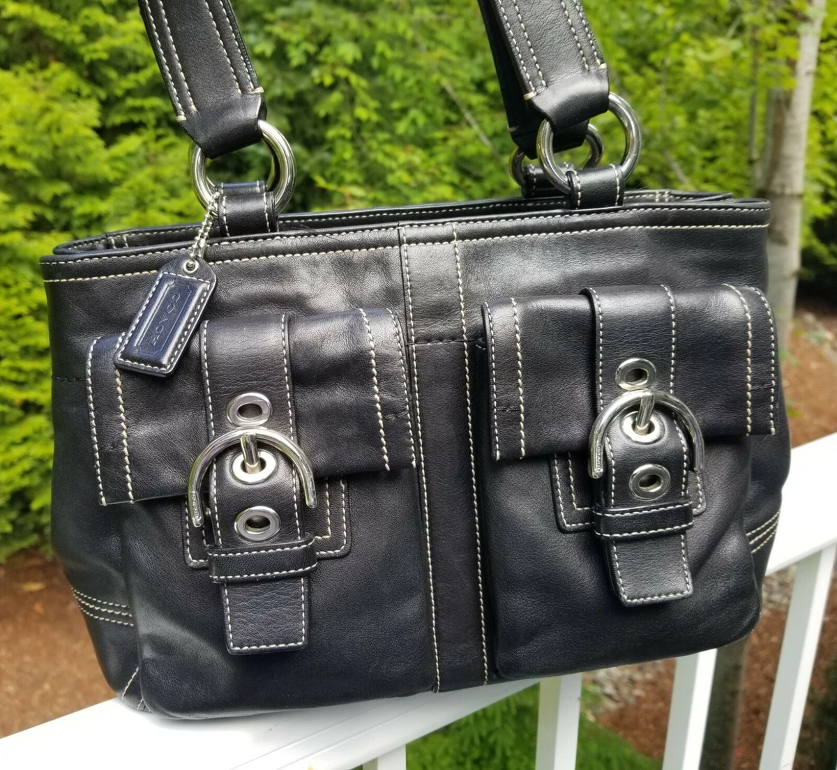 Authentic COACH Black Leather Soho Satchel Purse Front Pockets Top Zip F08A09
