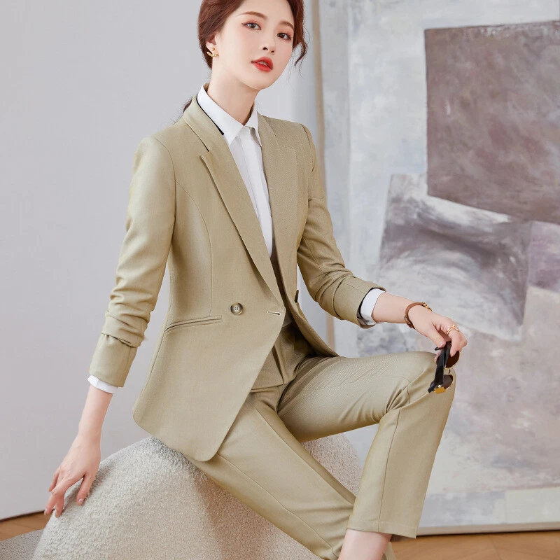 New Fall Business Khaki Elegant Office Jacket Pant Suit For Women Work Wear