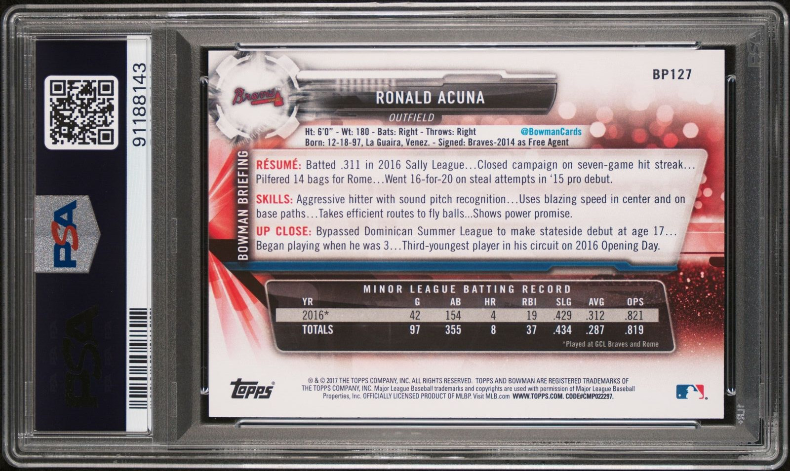 PSA 10 RONALD ACUNA JR. 1st 2017 Bowman Paper Braves Rookie Card RC GEM MINT view 3