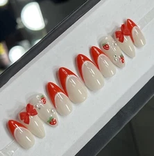 🍓 CUSTOM Hard Gel Press On False Nails,  Strawberry 10p Set Medium Almond W Kit