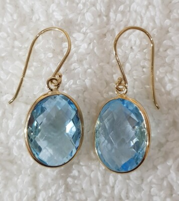 14 Karat Gelbgold Ohrringe mit Blautopas Edelsteinen 10×12 oval Briolet 