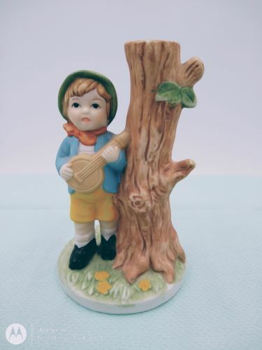 Vintage JSNY Philippines Boy with Guitar Standing Next to Tree Log 4.5"x2.5" 