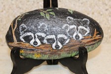 Original Signed Hand-Painted River Rock w/Raccoons Looking Over a Log Scene