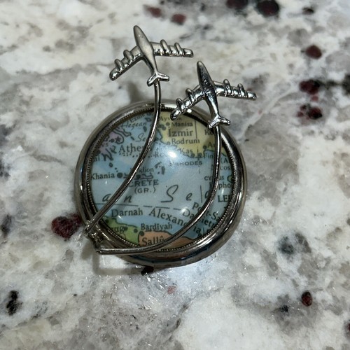 Vintage Metal Large Brooch c.1970s - Planes flying over Greece Flight Attendant