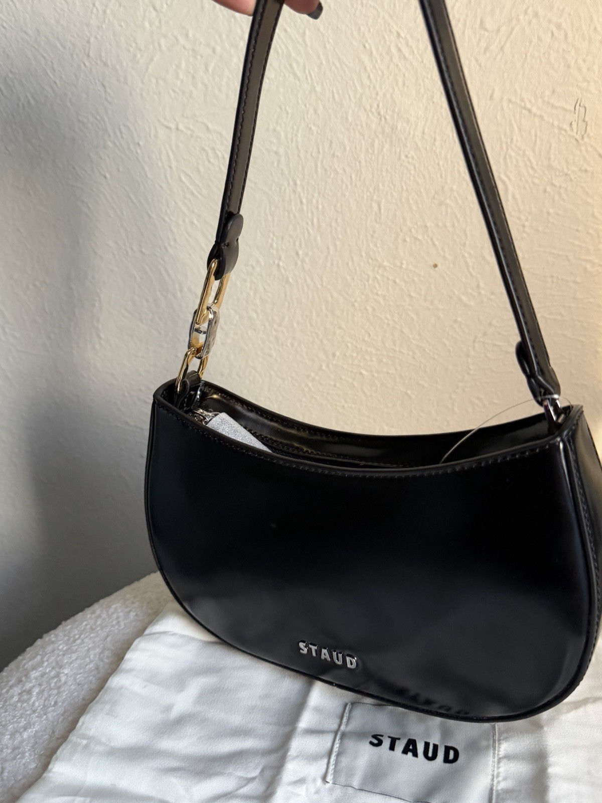 STAUD Black Crescent Shoulder Bag Gold Silver Hardware Logo Stitching Dust Bag