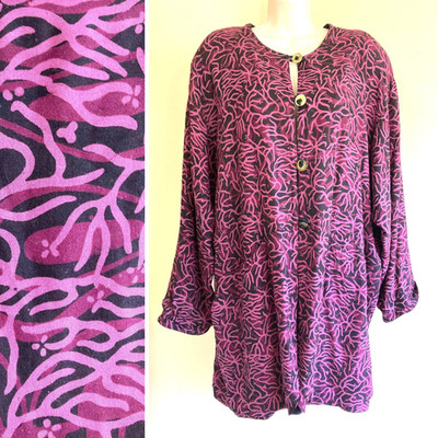 2X Plus Reds Threads Rayon Batik Kimono Jacket Vented Back LS Pink Wine Button