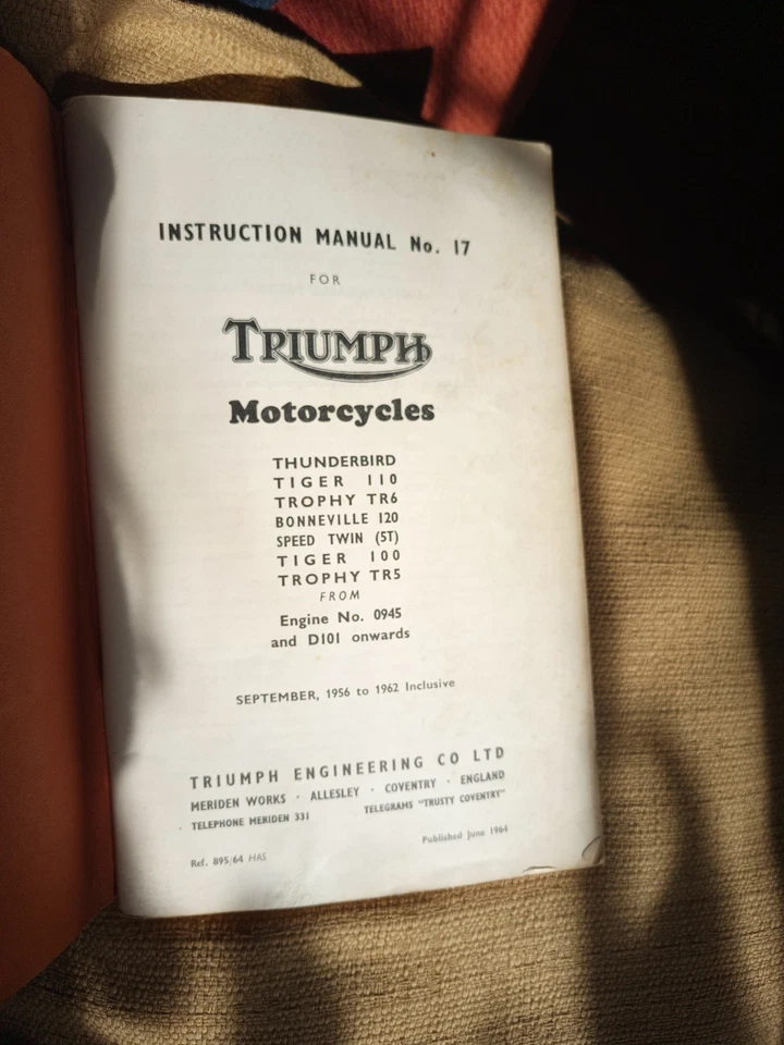 TRIUMPH Motorcycles Instruction Manual No. 17 for Thunderbird Tiger Trophy 1956 - Imagen 2 de 2