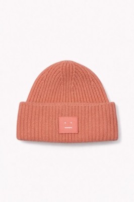 Acne Studios Face Patch Pink Rib Knit Wool Beanie Hat One Size