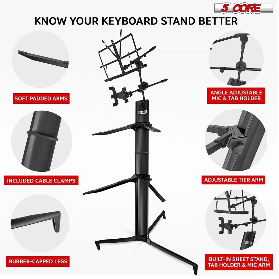 5 Core Keyboard Stand 2 Tier Column for 61/76/88 Key Boards Aluminum Build - Image 4 of 4