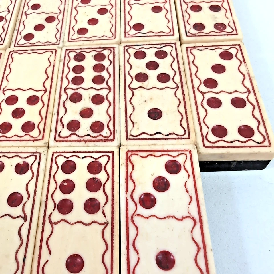 Antique Vintage Handmade RED Detailed Bone Ebony Wood Dominoes Set 28 NO BOX - Image 4 of 4