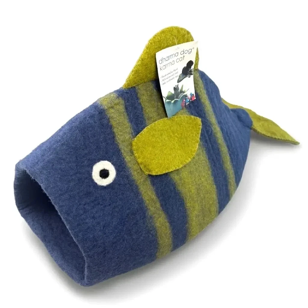 NEW! Dharma Dog Karma Cat 100% Nepal Wool Navy & Green "Fish" House Bed Pet Cave
