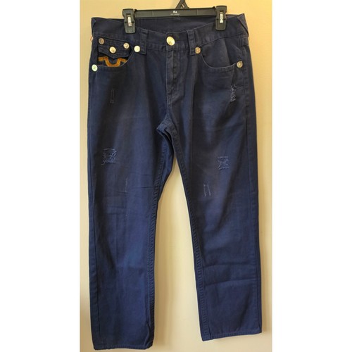 True Religion, Vintage True Religion Ricky Straight Leg Navy Blue Distressed Jeans Mens 36