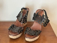 Tory Burch Womens Size 10.5 Black Lacy Sandals Ankle Strap Wedge Heel