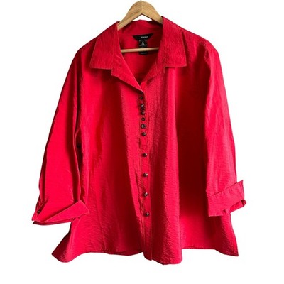 Ali Miles Solid Woven Crinkled Point Collar 3/4 Sleeve Button Front Shirt 2X