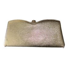 Vintage Gold Metallic Scalloped Clutch Evening Bag Rhinestone Clasp Chain Strap
