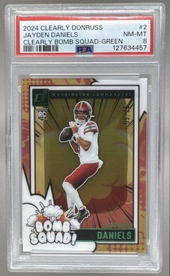 Jayden Daniels 2024 Clearly Donruss Green Bomb Squad RC 5/25 JERSEY MATCH PSA 8