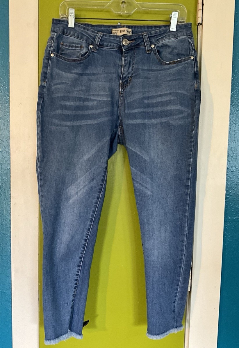 Blue Savvy Mid Rise Stretch Frayed Hem Cropped Ankle Denim Blue