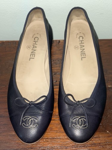Chanel Size EU 39.5 /US 8.5-9 Dark Blue Leather Flats Shoes (Inner Soles - 10”)