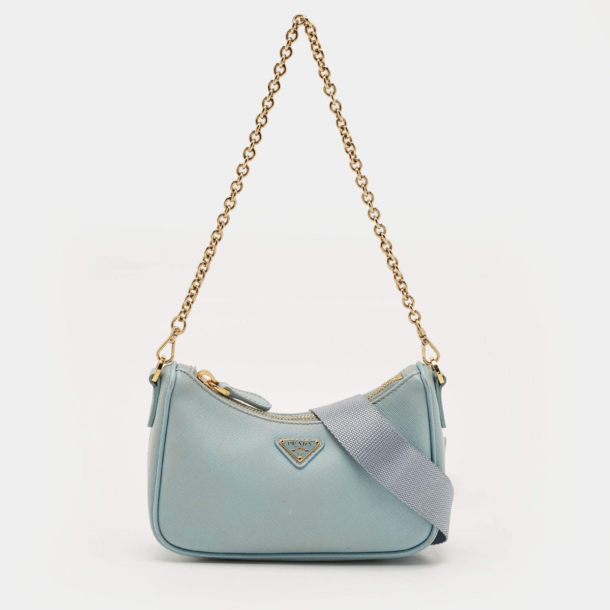 Prada ReEdition Mini Light Blue Saffiano Lux Leather Pochette Bag