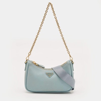 prada アクセサリーポーチ mv633 水色 Prada ReEdition Mini Light Blue Saffiano Lux Leather Pochette Bag