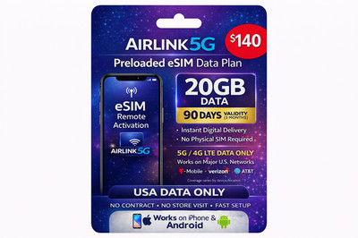AirLink 5G Preloaded eSIM USA Data 20GB 90 Days Instant Activation