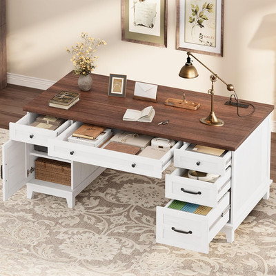 Farmhouse Executive Desk 60 Inch, Wooden Home Office Desk with Adjustable Storag