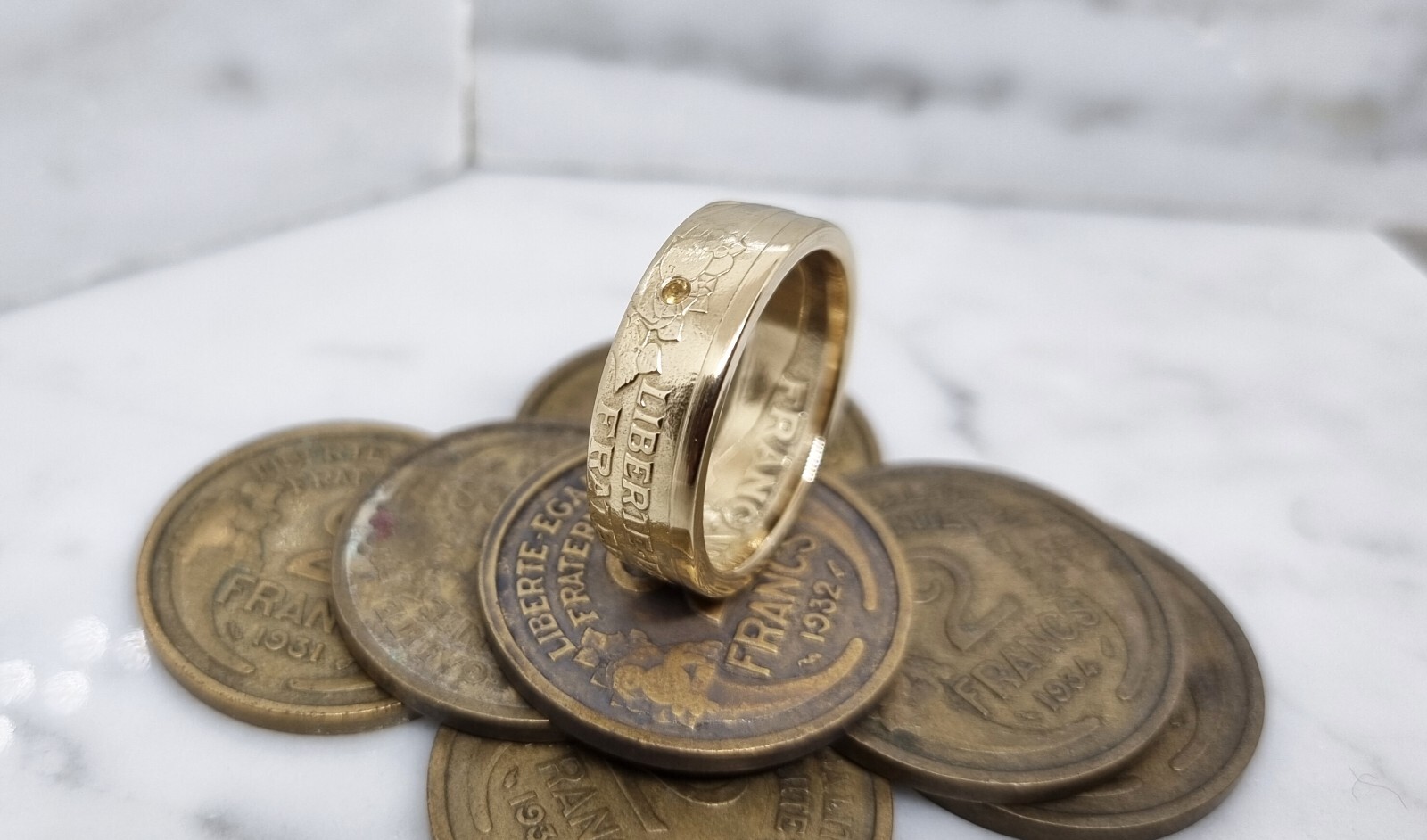 Bague pièce de monnaie 2 Francs Morlon avec citrine véritable éclatante