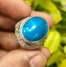 Beautiful Natural Feroza Stone Ring with White Zircons Real Turquoise Silver 925