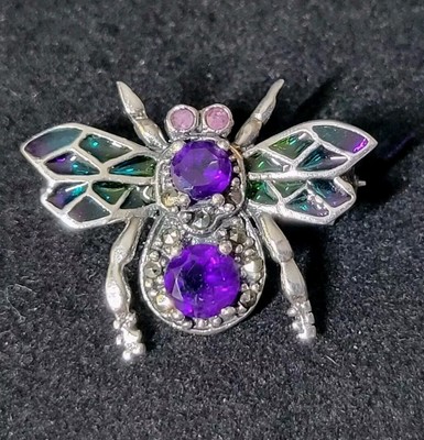 Bee Natural Amethyst & Marcasite Enamel 925 Sterling Silver  Brooch 2704