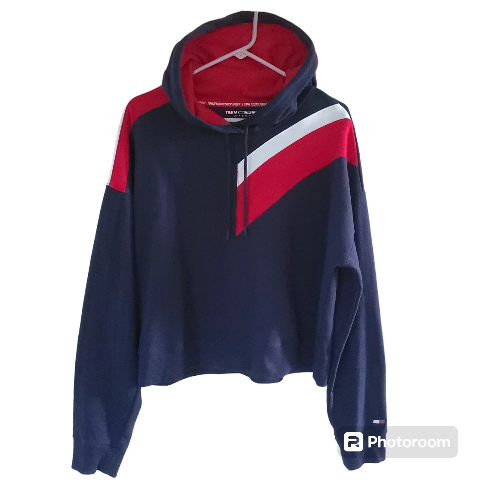 Tommy Hilfiger Sport Women XL Hoodie Sweatshirt Pullover retro Colorblock Chevro