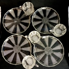 4 Vtg 1953 Jeannette Crystal Clear Dewdrop Snack Trays Plates w Punch Cups EUC