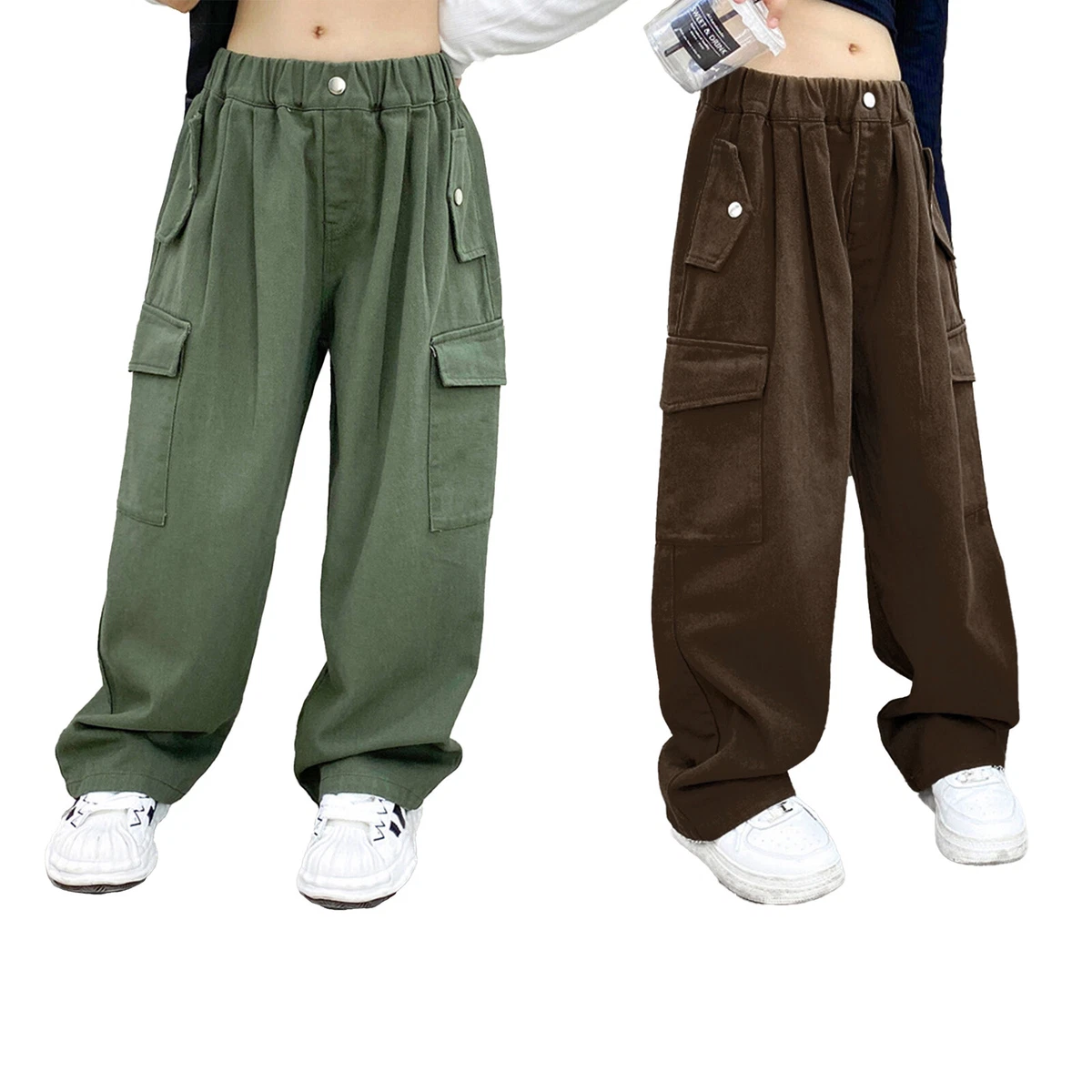 Kid Girls Elasticated Waist Cargo Pants Straight Wide Leg Jogger Baggy Trouser