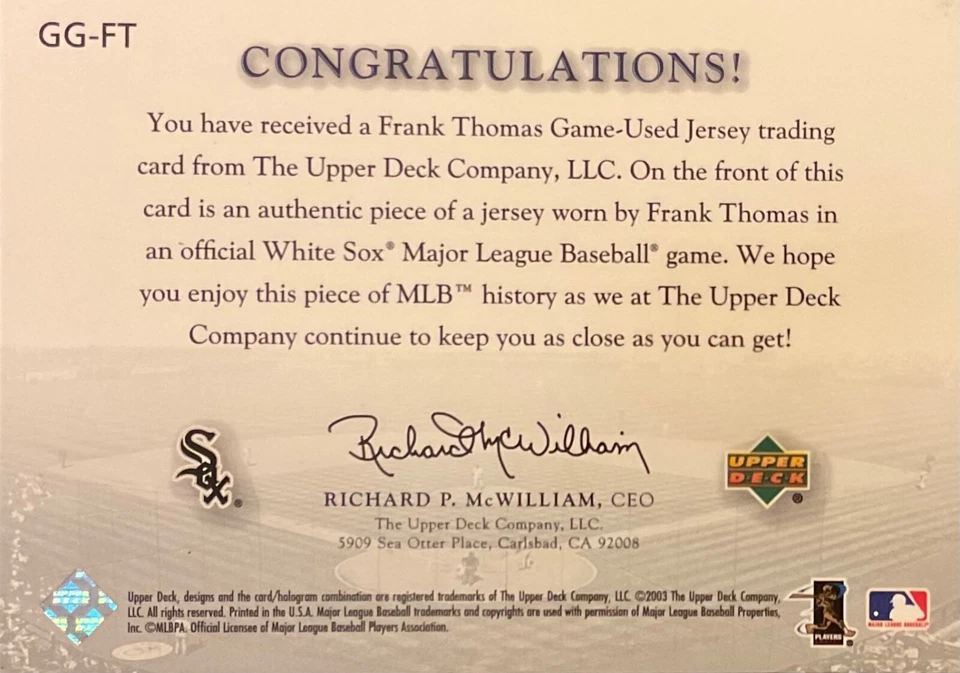 2003 Upper Deck Game Face - Gear #GG-FT Frank Thomas (MEM) - Image 2 of 2