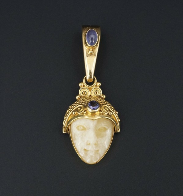 SAJEN 18k Gold Moon Carved Face Goddess 1ct Tanzanite Pendant Enhancer
