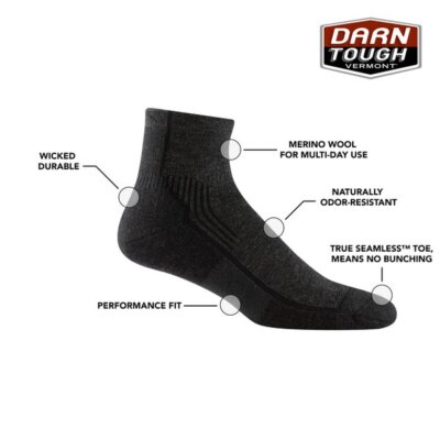 DARN TOUGH 1959 Onyx Black Men's Hiker Quarter Midweight Hiking Sock 1/4 Cushion