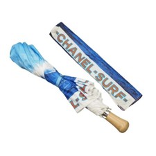 CHANEL Folding Umbrella Surfline Vintage 545g White Blue