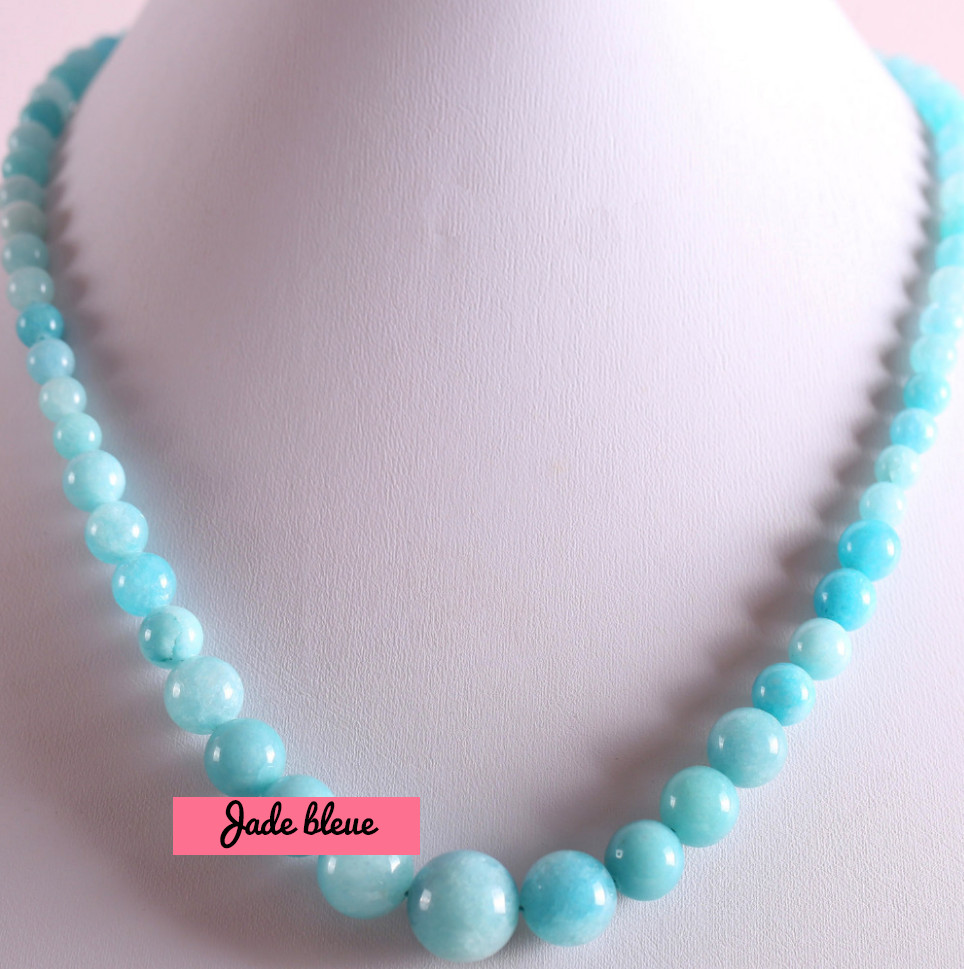 Collier rétro vintage perles bleues en pierre de jade véritable original