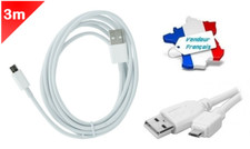 Câble USB Data Transfert PC ~ Connexion Micro USB Universel ~ Blanc ~ 3 mètres