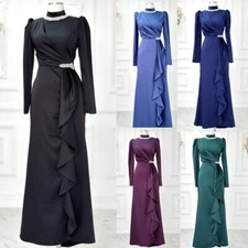 Muslim Satin Bridesmaid Wedding Dresses Long Sleeve High Neck Evening Prom Gowns