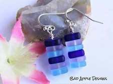 Stacked Blue Purple Sea Glass Pebble Earrings, Gift For Her, Ocean Lovers