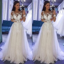 Elegant Wedding Dresses Lace Appliques Long Sleeve Tulle Bridal Gowns Scoop Neck