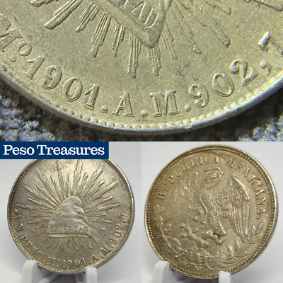 1901 Mexico Un Peso Silver Coin   Huge Machine Doubling Error | Nicer Condition