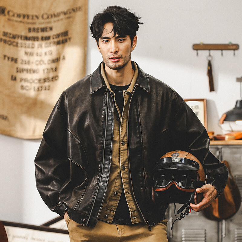 M-4XL Mens Retro American Style Motorcycle PU Leather Loose Jacket