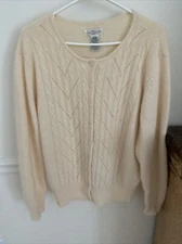 Vintage Yarnworks Womens L Ivory Knit Lambs Wool & Angora Blend Cardigan Sweater
