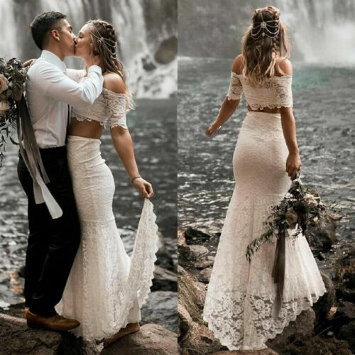 Two Piece Lace Boho Beach Wedding Dresses Off The Shoulder Mermaid Bridal Gowns - Picture 2 of 6