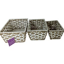 White/Natural Woven Storage Baskets 3 Pack Nestled Set 10x6", 12x8", 14x10"