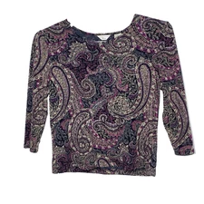 Laura Ashley Blouse Womens PM Petite Fushia Gold Paisley 3/4 Sleeve Pullover Top
